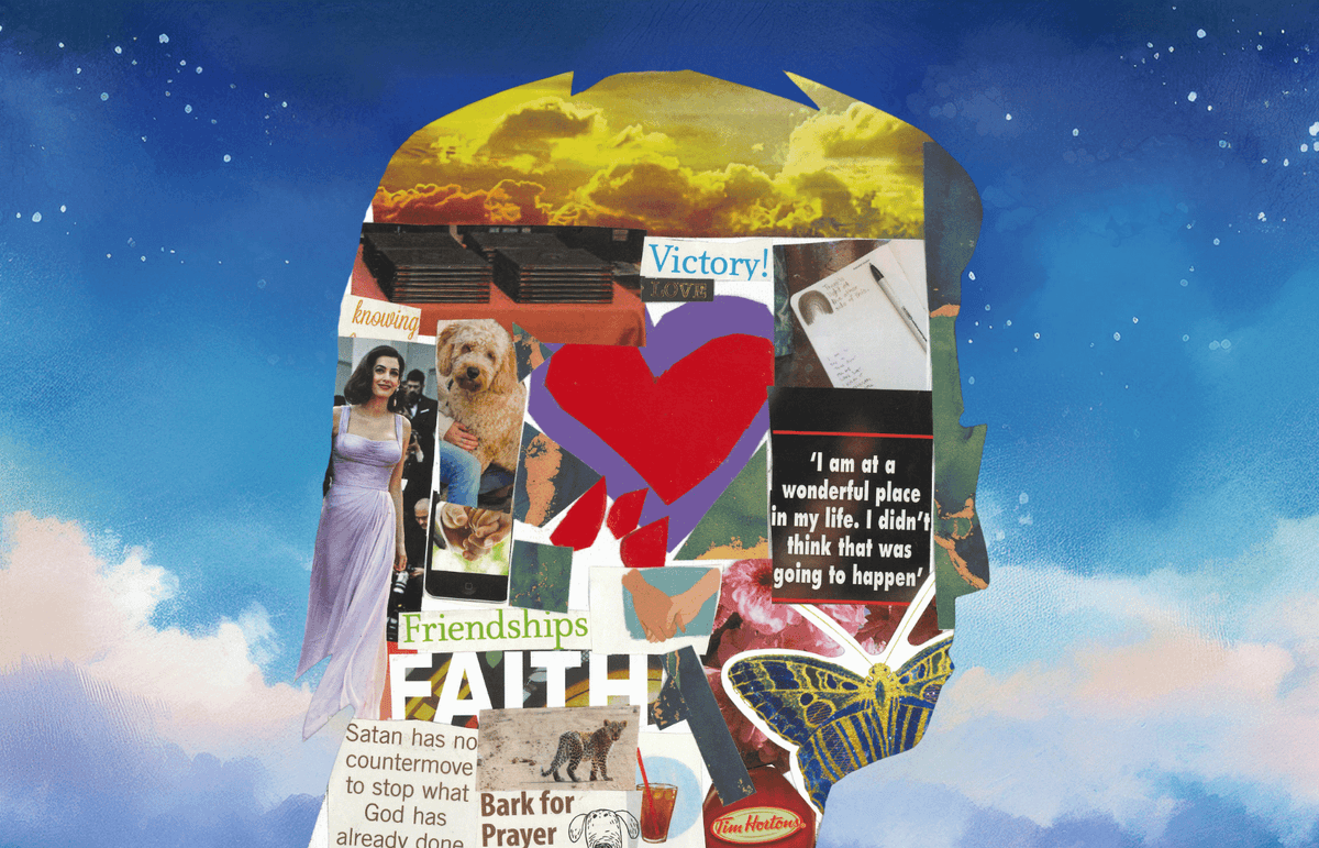 Daniela's silhouette collage — a head-shaped cutout filled with magazine images representing faith, friendships, and victory